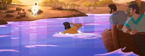 Peter swims toward Jesus.