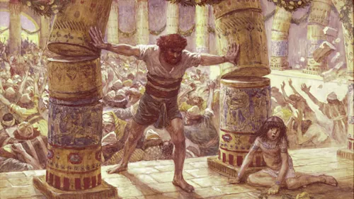Samson breaking down the pillars of Dagon’s temple