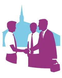 graphic of young men outside church