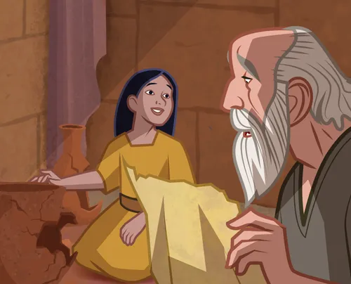 The girl smiling as the man reads stories about people who had faith.