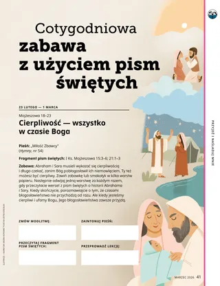 Strona PDF z ilustracjami przedstawiającymi Abrahama, Sarę i małego Izaaka