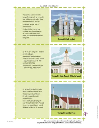 Tri karta për prerje me një ilustrim të një tempulli në njërën anë dhe fakte argëtuese në anën tjetër