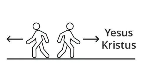 dua figur tongkat, satu berjalan menjauh dari Yesus Kristus dan yang lainnya berjalan ke arah-Nya