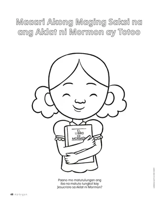 Pahinang kukulayan ng batang babae na yakap ang Aklat ni Mormon