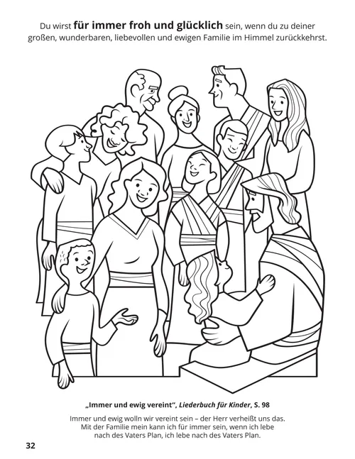 PDF/Ausmalbild: Jesus Christus mit vielen glücklichen Menschen