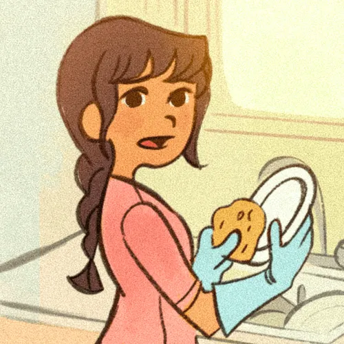 mother washing dishes and talking