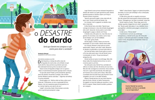 História em PDF de um menino batendo em um carro com um dardo, e o menino em um carro com sua mãe