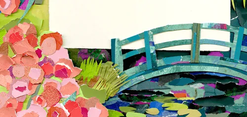 Picture made with torn paper of garden with bridge and a pond
