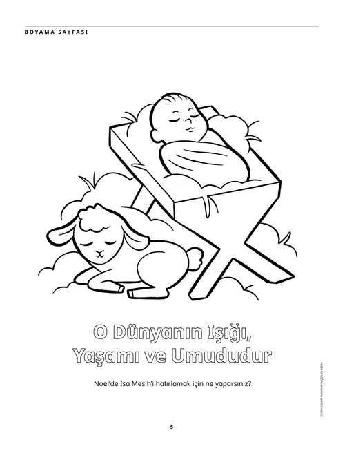 Yemlikteki bebek İsa ve bir kuzunun boyama sayfası PDF’si