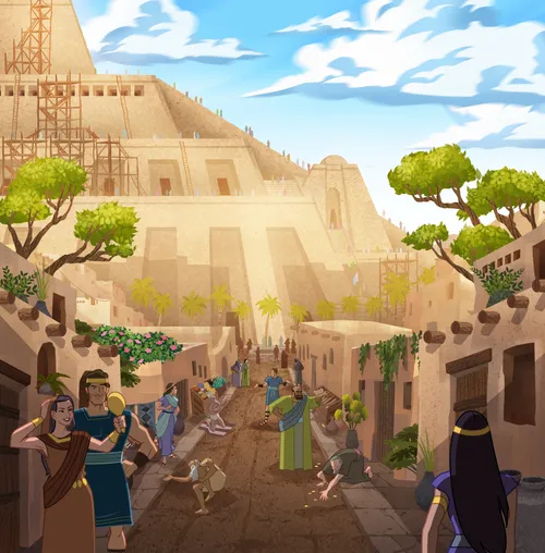 Illustration représentant des personnes construisant la tour de Babel.