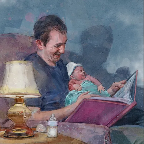 illustration of a man reading with a newborn baby in his arms