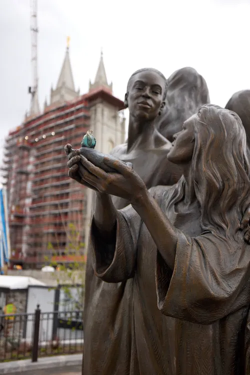 A new sculpture titled “Five Wise Virgins” is installed on the east side of Temple Square near the Relief Society building on Monday, March 31, 2025.