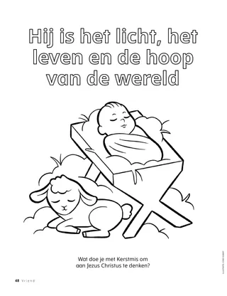 Pdf met een kleurplaat van het Kindje Jezus in de kribbe en een lammetje