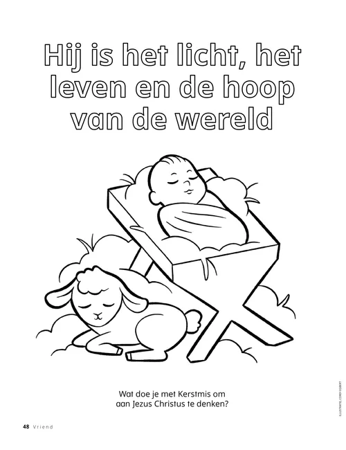 Pdf met kleurplaat van het Kindje Jezus in een kribbe met een lammetje vlakbij