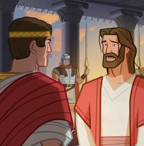 Jesus talks with Pilate.