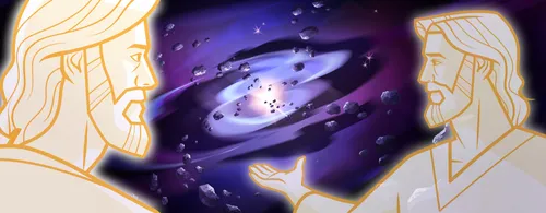 Illustrazione del Padre Celeste e di Gesù Cristo che creano la Terra