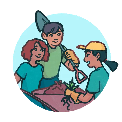 people with shovel and wheelbarrow