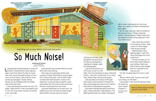 Illustrations of a boy in his house holding his hands on his ears, and the boy lying on his bed looking at a picture of Jesus Christ