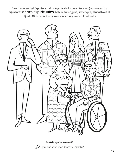 Página para colorear en PDF de hombres y mujeres de diferentes edades, tallas y con distintas habilidades