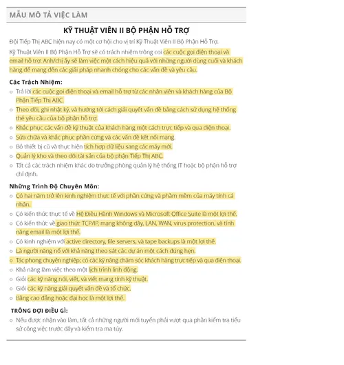 những mô tả công việc đã được làm nổi bật