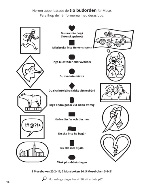 Färgläggnings-pdf med en matchningsaktivitet om de tio budorden.