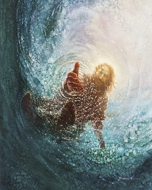 Jesus Christ standing on the water reaching down to pull a person up