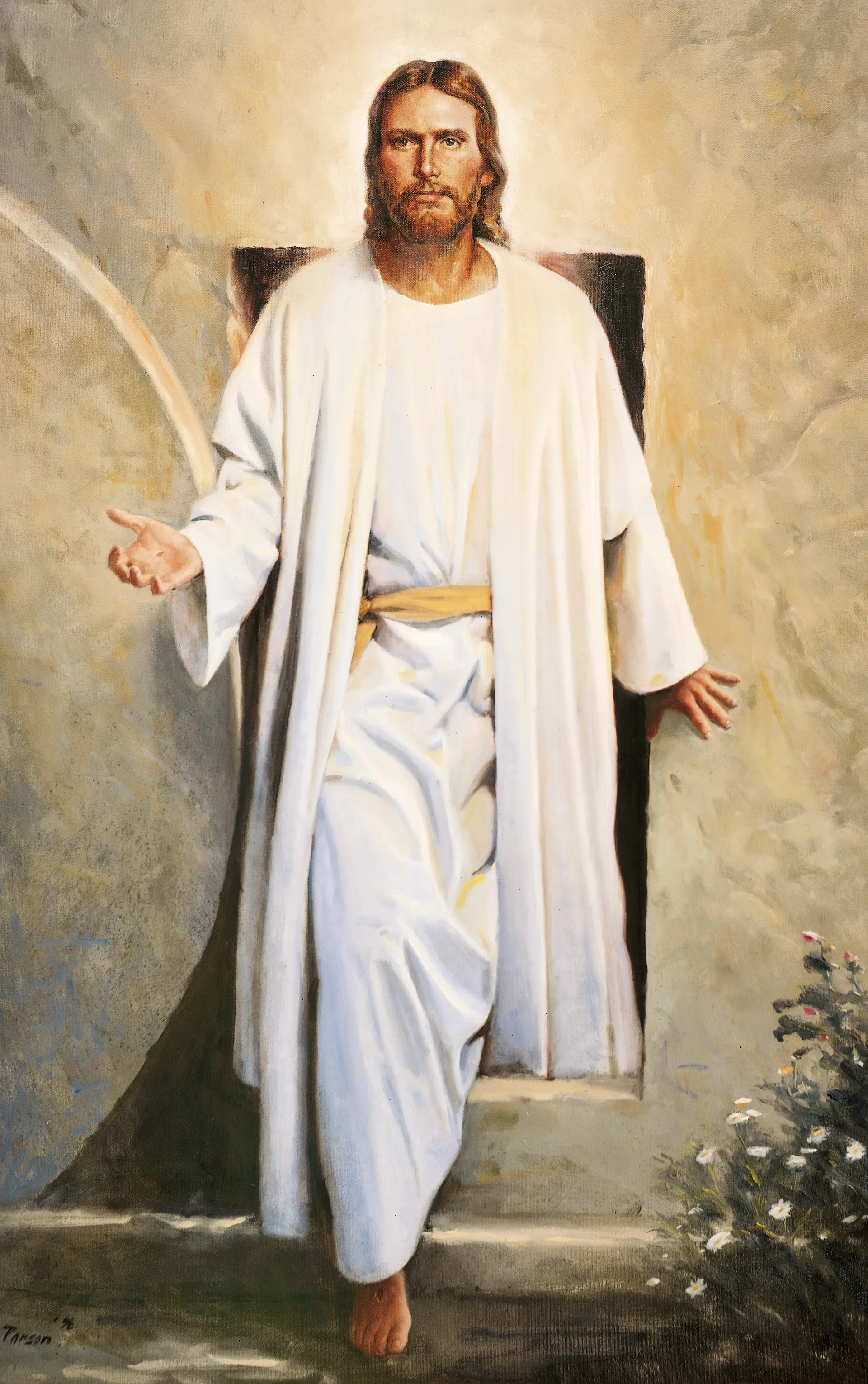 The resurrected Jesus Christ emerging from the Garden Tomb. Christ is portrayed stepping out of the tomb. He is depicted wearing white robes. Flowers are blooming near the entrance to the tomb.