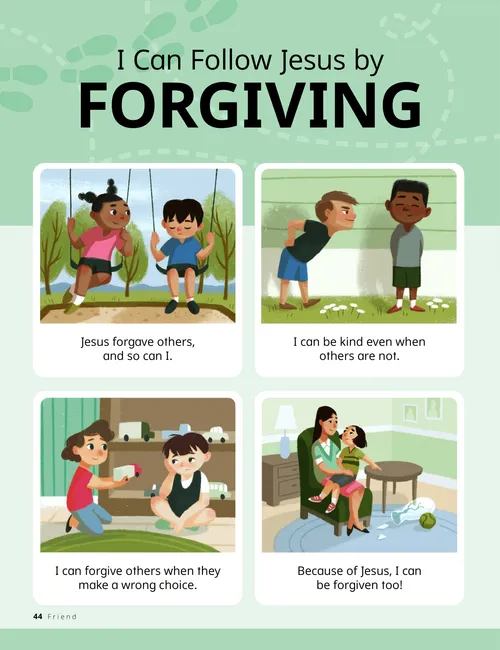 Page PDF of two children on swings, a boy bring mean to another boy, a child handing a toy truck to another child, a girl telling her mom that she broke a vase