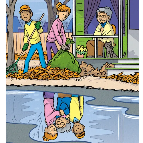 boy and girl raking leaves and seeing reflection in puddle