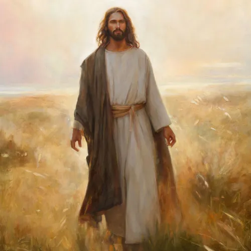 Jesus Christ walking in a field of grass