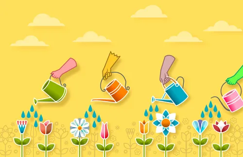 illustration of several flowers being watered