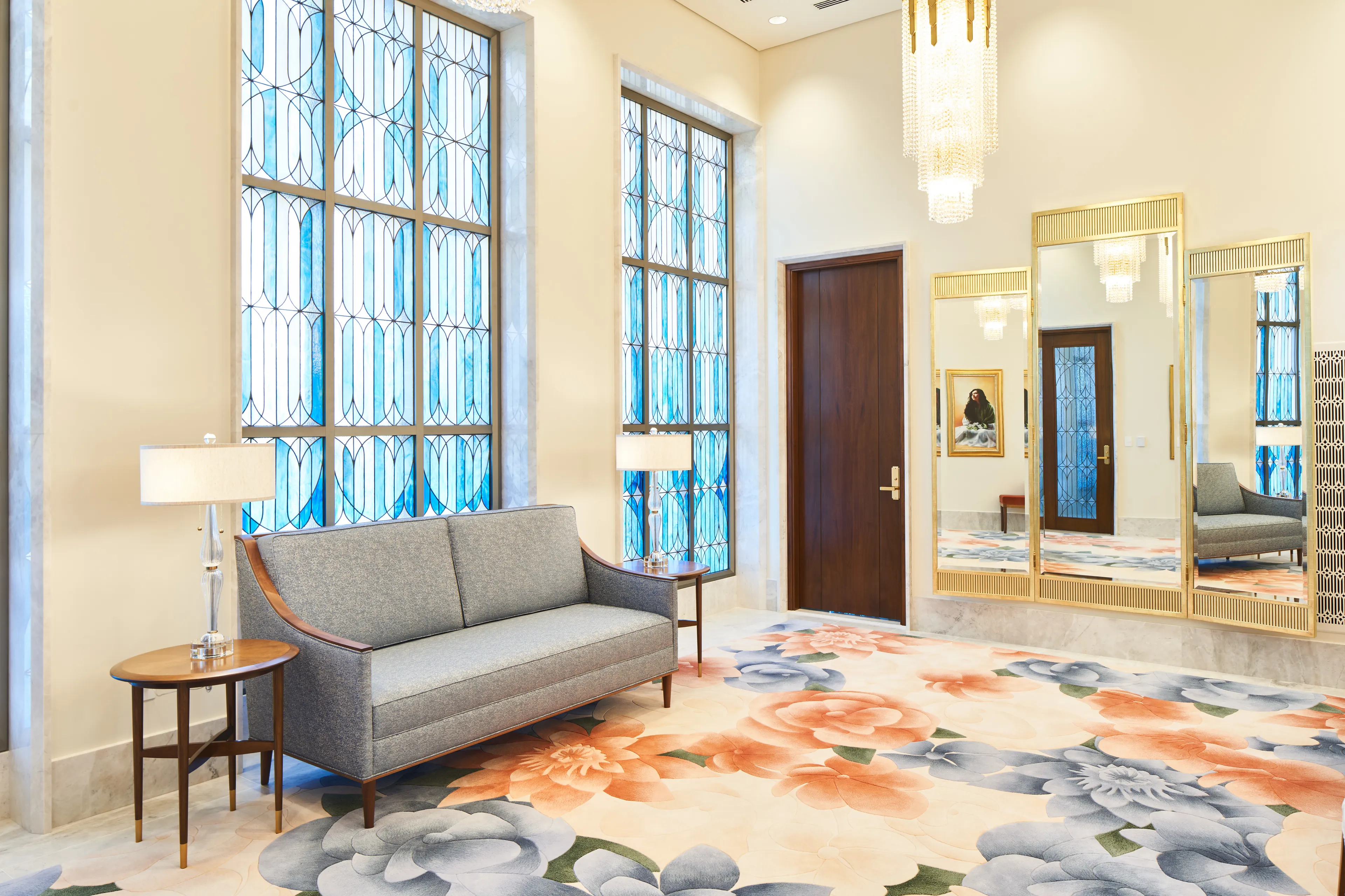 Interior image of the Brasilia Brazil Temple Brides’ Room. The image features stained glass windows and gilded mirrors.  © undefined ipCode 1.