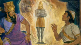 The Old Testament King Nebuchadnezzar is depicted sitting on his throne in front of the prophet Daniel. Daniel stands as he interprets the king's dream. In the background, depictions from the king's dream can be seen such as the great image and a stone cut from the mountain without hands getting ready to destroy the image. (The stone represents the latter-day kingdom of God.)