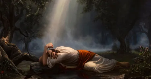 Jesus Christ lying on the ground in the garden of Gethsemane