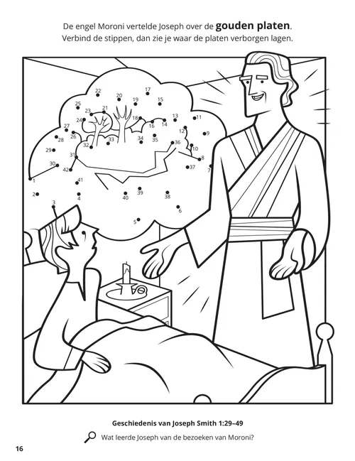Kleurplaat van Moroni die aan Joseph Smith in zijn slaapkamer verschijnt