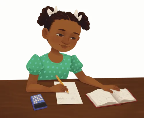 Girl sitting at desk doing math homework