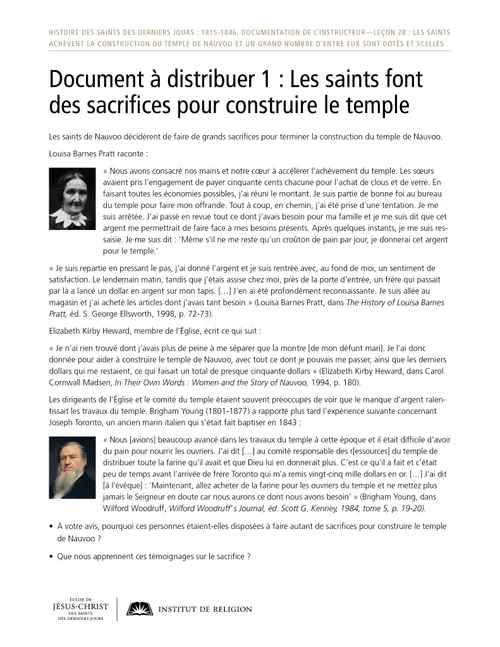 Document à distribuer 1 : Les saints font des sacrifices pour construire le temple