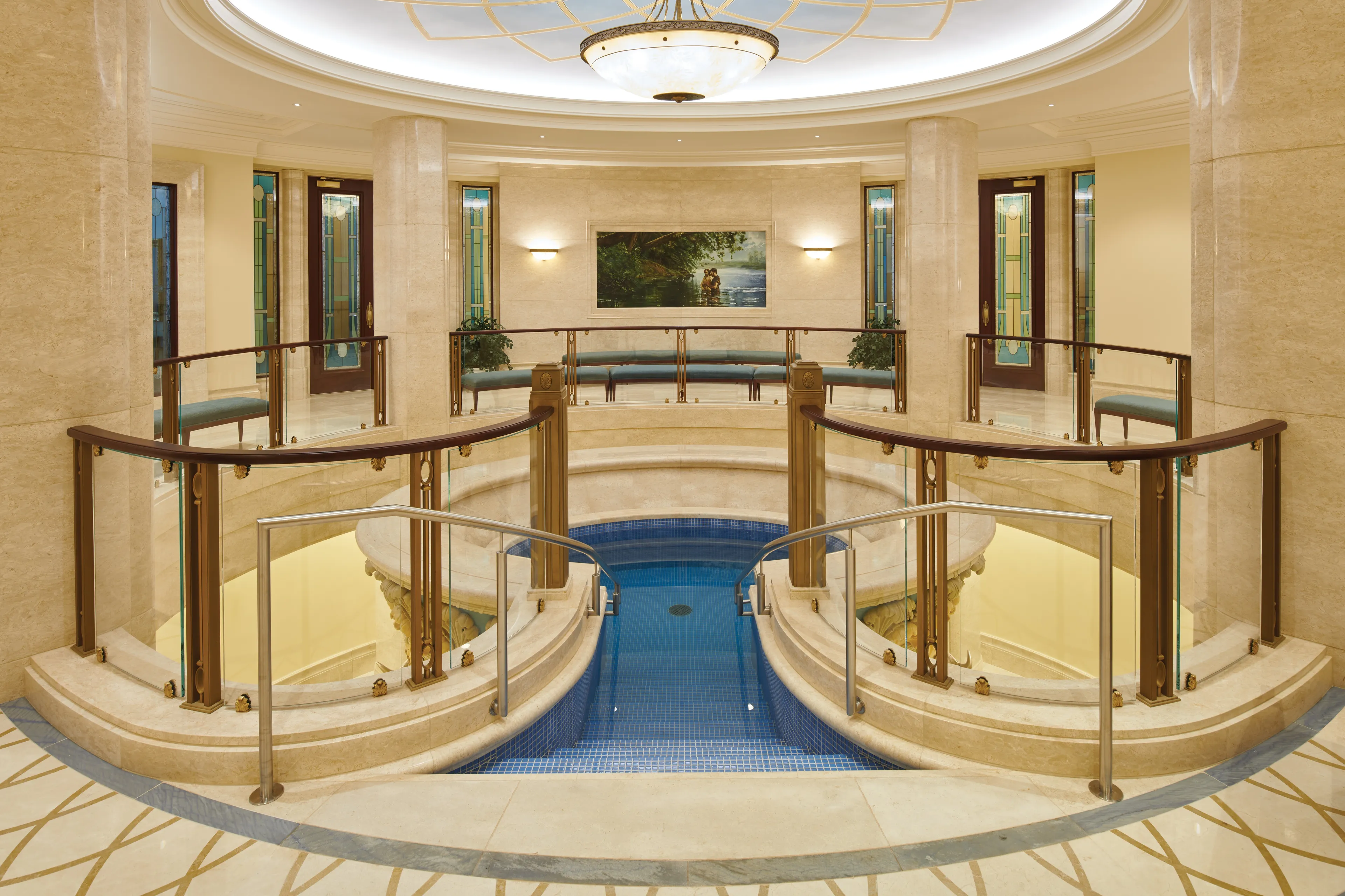 The baptistry in the Rome Italy Temple, where Church members in their twelfth year and older can be baptized by proxy for those who have died without receiving the knowledge of the gospel.