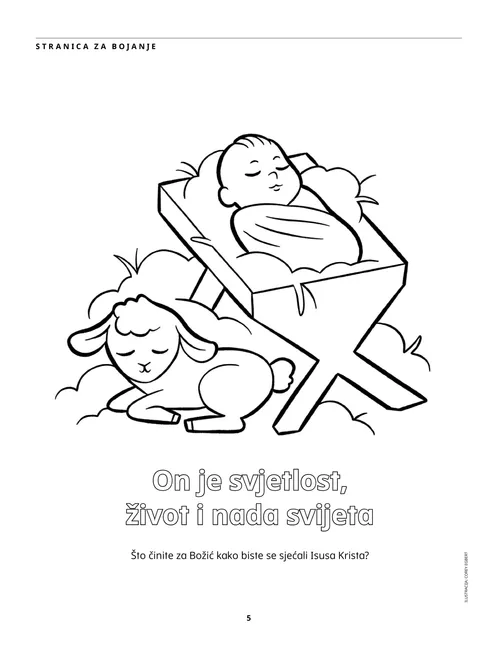 PDF stranica za bojanje djeteta Isusa u jaslama i janjeta