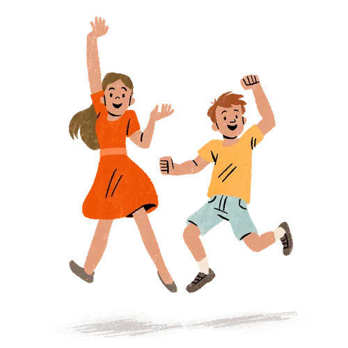 girl and boy jumping for joy