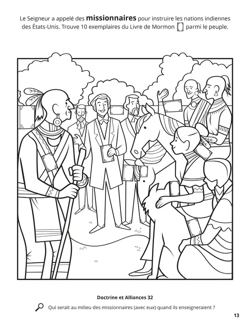 Coloriage représentant les premiers missionnaires instruisant des Amérindiens