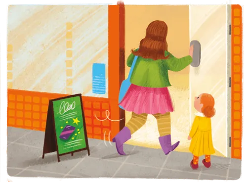 mom and Cait walk into store