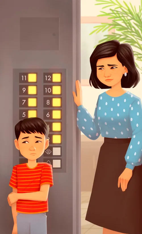 boy in elevator with all the buttons lit up