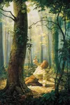 Joseph Smith, Jr. depicted kneeling in the Sacred Grove during the First Vision. A ray of light can be seen coming from the sky down through the trees toward Joseph.