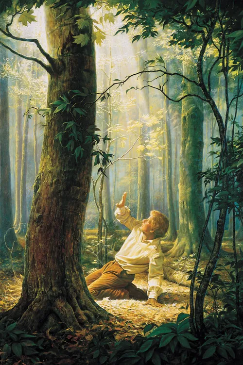 Joseph Smith, Jr. depicted kneeling in the Sacred Grove during the First Vision. A ray of light can be seen coming from the sky down through the trees toward Joseph.
