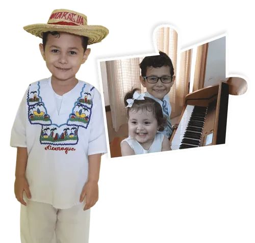 Felix wearing a hat and Felix playing the piano