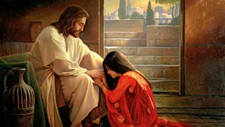 Woman kneeling down at Jesus' feet.  Painting by Greg Olsen.
