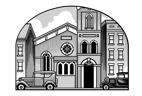 Church building on a city street in the 1920s