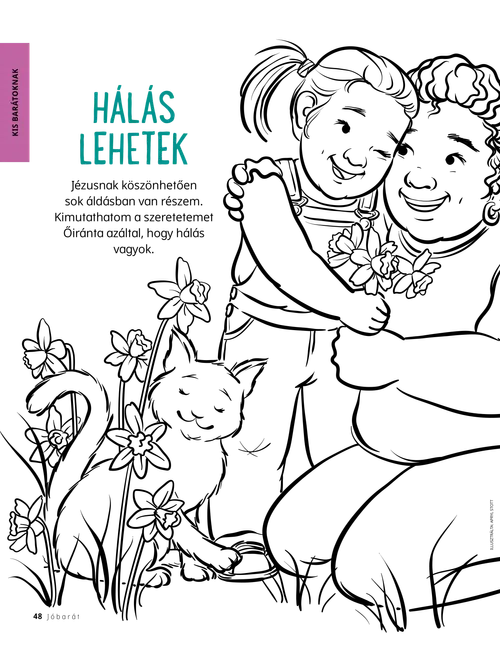 PDF-oldal színezővel, amelyen egy kislány virágot ad egy nőnek, akit megölel, közelükben pedig egy macska ül