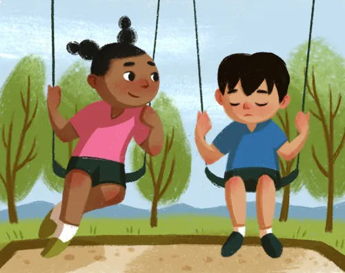 Girl smiling at sad boy on swing 